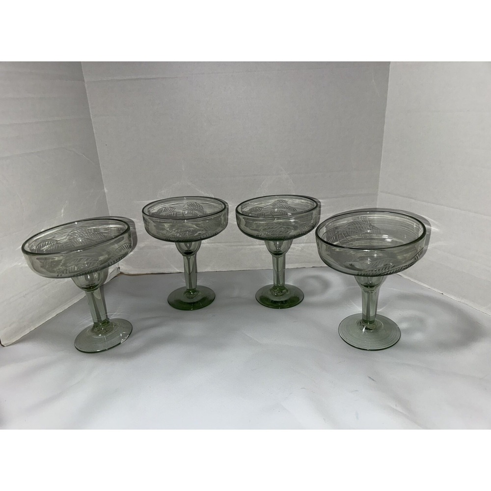 Margarita Glasses‎ Handblown Set Of (4) Green Stem Green Bowl Etched